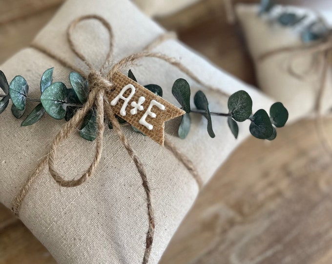 Natural Cotton Ring Bearer Pillow with Preserved Baby Eucalyptus- Jute Twine and Personalized Burlap Tag- Three Sizes Available- Minimalist