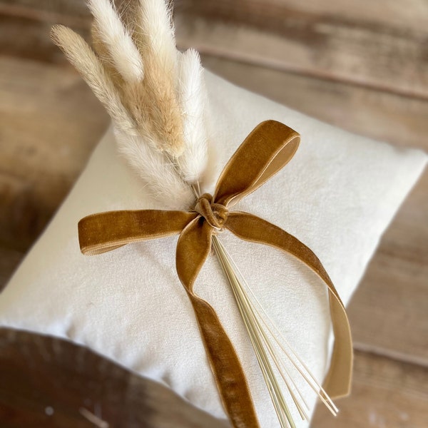 Velvet Ring Bearer Pillow w/ Khaki Velvet Ribbon- Dried Bunny Grass Bundle- Personalized Tag- Boho Wedding- Terracotta-Dusty Blue-Sage Green