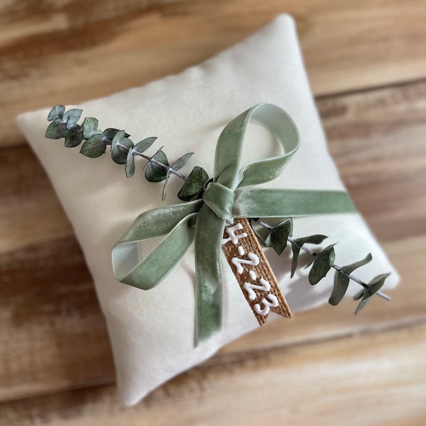 Velvet Ring Bearer Pillow w/ Velvet Ribbon & Preserved Eucalyptus- Personalized Tag Included- Boho Wedding- Khaki-Blue-Terracotta-Sage-Rose