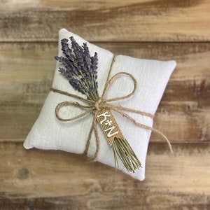 Organic White Linen Ring Bearer Pillow with Dried Lavender Jute Twine and Personalized Burlap Tag Three Sizes Available Natural Florals image 1