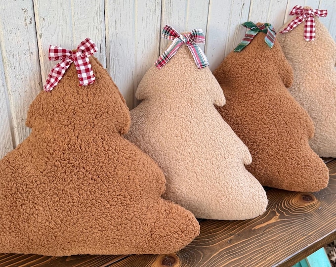 Ready To Ship- Faux Sherpa Fur Christmas Tree Shaped Throw Pillow with Plaid or Gingham Ribbon Bow- Choice Camel or Tan- Plush Holiday Decor