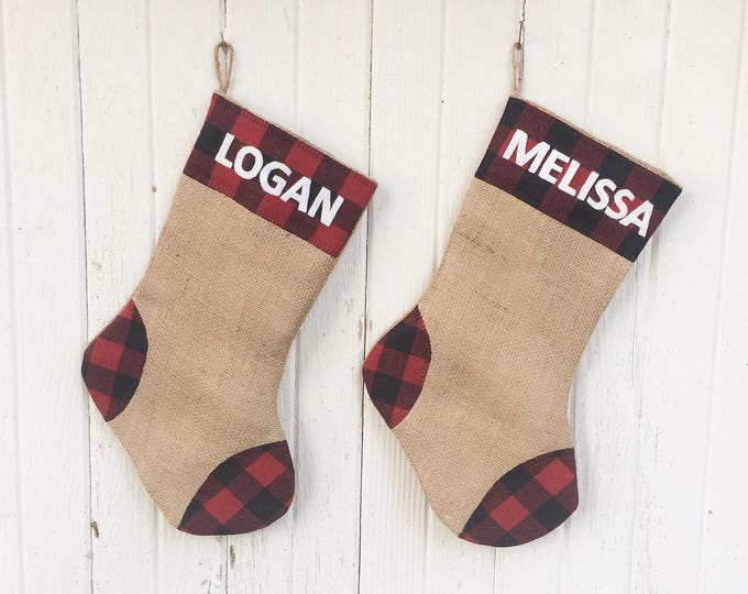 Buffalo Plaid & Burlap Christmas Stocking- Red and Black Buffalo Check- Natural Burlap-Cotton Flannel- Rustic-Cabin-Woodland-Holiday Decor