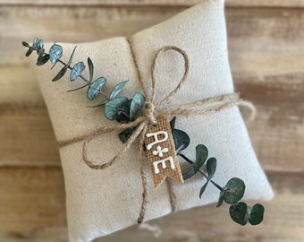 Natural Cotton Ring Bearer Pillow with Preserved Baby Eucalyptus- Jute Twine and Personalized Burlap Tag- Three Sizes Available- Minimalist