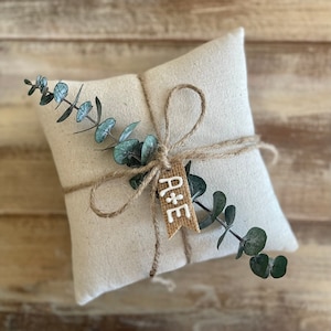 Natural Cotton Ring Bearer Pillow with Preserved Baby Eucalyptus- Jute Twine and Personalized Burlap Tag- Three Sizes Available- Minimalist