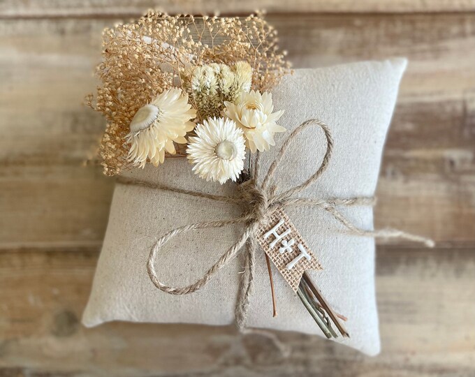 Natural Cotton Ring Bearer Pillow with Dried Floral Bundle-Strawflower/Cockscomb/Mini Gyp- Jute Twine and Personalized Burlap Tag- Bouquet