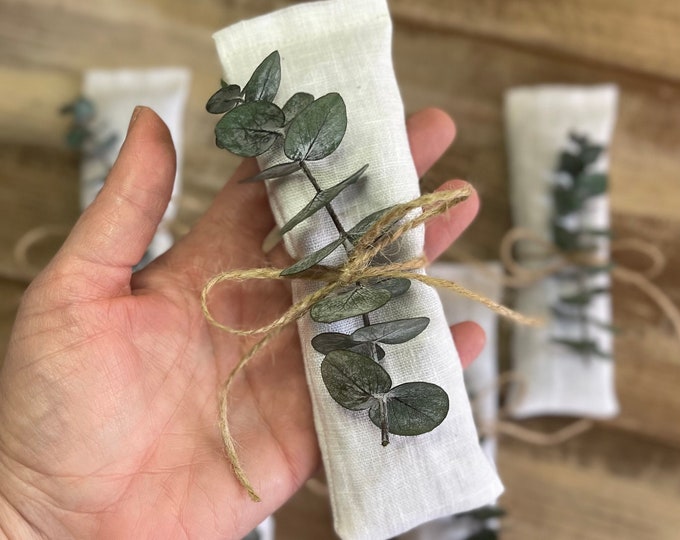 Organic White Linen Lavender Eye Pillow Sachets-With Preserved Eucalyptus & Jute Twine- Filled With Dried Lavender-Party Favor-Weddings