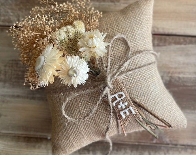 Burlap Ring Bearer Pillow with Dried Floral Bundle-Natural or Ivory-Strawflower/Cockscomb/Mini Gyp- Jute Twine and Personalized Burlap Tag