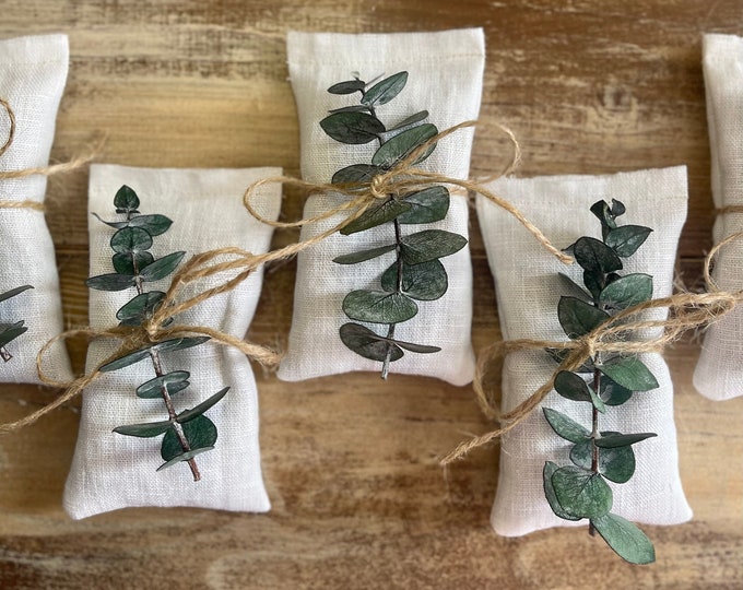 Organic White Linen Lavender Sachets With Preserved Eucalyptus & Jute Twine- Filled With Dried Lavender-Party Favor-Wedding/Bridal/Shower