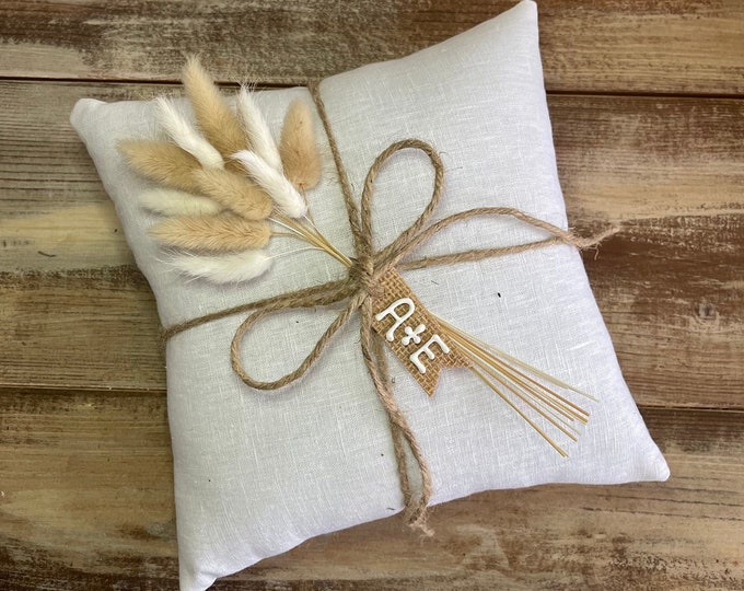 Organic White Linen Ring Bearer Pillow with Dried Bunny Tail Grass- Jute Twine and Personalized Burlap Tag- Mini Pampas Style Bouquet-Boho