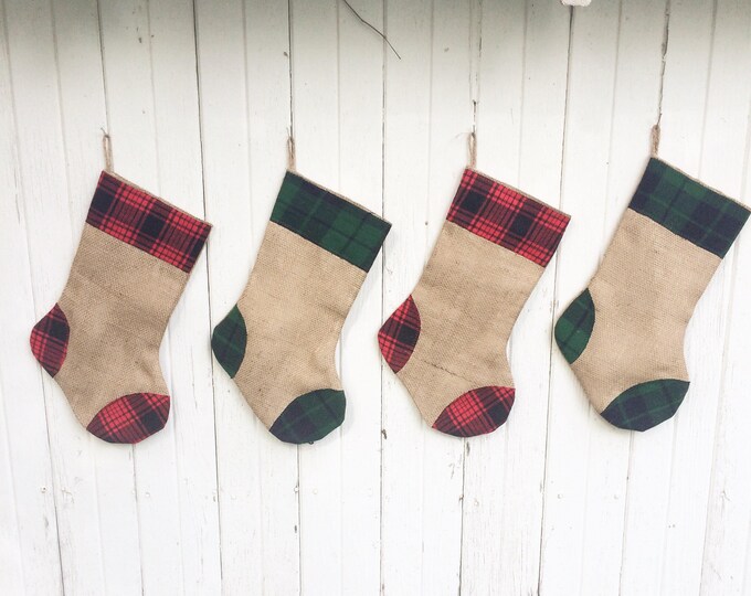 Plaid Flannel & Burlap Christmas Stocking- Red and Green Plaid-Traditional Christmas Colors- Rustic-Cabin-Woodland-Country-Holiday Decor