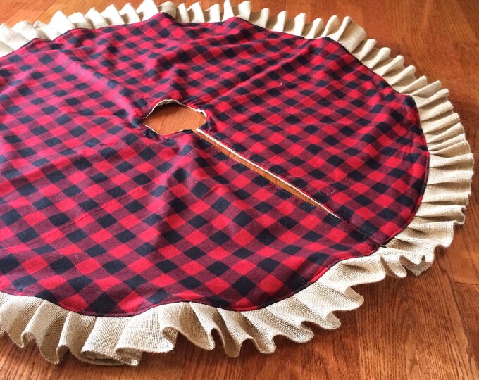 Buffalo Plaid & Burlap Ruffle Christmas Tree Skirt- Red and Black Buffalo Check Flannel Cotton-Natural Burlap- Farmhouse-Cabin-Decor-Large