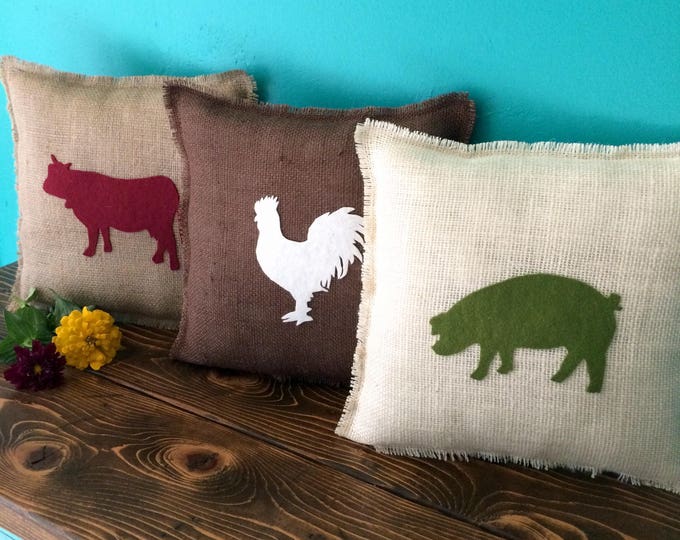 13" x 13" Burlap Pillow w/ Farm Animals- Choose Your Colors-Choose Your Animal-Horse/Pig/Cow/Rooster/Sheep/Goose-Rustic Chic-Farmhouse Decor