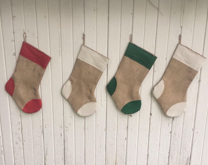 Burlap Christmas Stockings with Cuff & Patches Detail- Off-White/Green/Red Cotton- Natural Burlap- Rustic-Cabin-Woodland-Holiday Decor