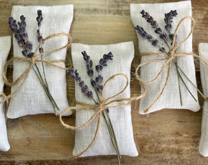 Organic White Linen Sachets With Dried Lavender-Natural Party Favors-Wedding Gifts-Green Wedding Favors- Dried Florals- Fragrant Gifts