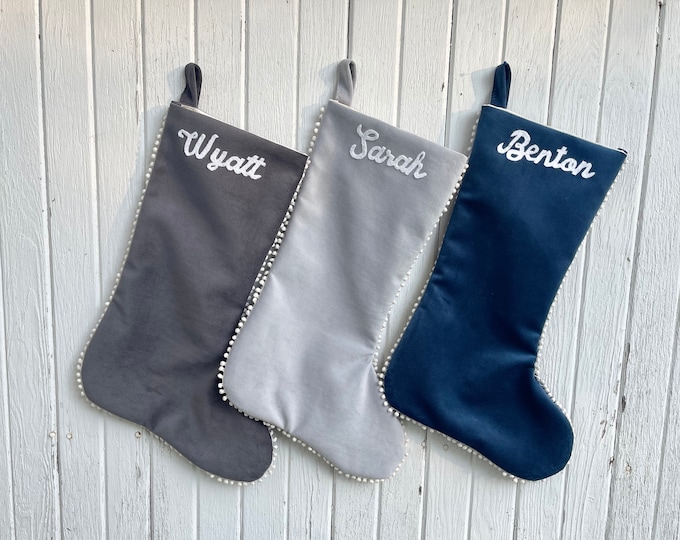 Velvet Christmas Stocking with Mini Pom Pom Edging Detail- Choose Your Color- Light and Slate Gray-Navy Blue-Personalize-Custom-Modern Boho