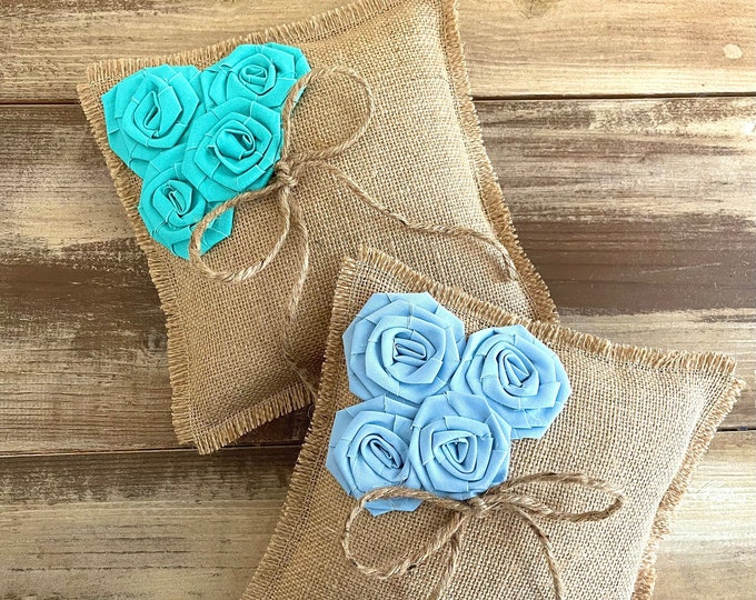 8" x 8" Natural Burlap Ring Bearer Pillow with Cotton Rosettes/Jute Twine Detail- Light Blue- Turquoise- CUSTOM COLORS Available-Wedding