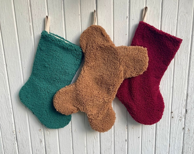 Sherpa Faux Fur Christmas Stockings- Human and Dog Bone Shapes- Four Colors Available- Ivory/Camel/Green/Red-Cozy/Plush Fur- Holiday Decor