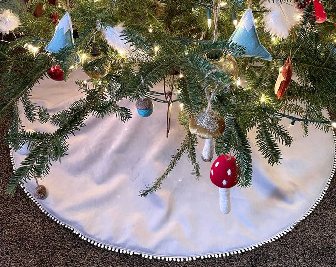 Velvet Christmas Tree Skirt with Miniature Pom Pom Trim Detail- Three Sizes-Choose Your Color-Navy/Teal/Purple/Red/Gray/Orange-Boho