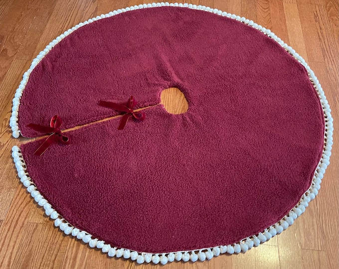 READY TO SHIP- Ruby Red Sherpa Faux Fur & Pom Pom Tree Skirt- Lined With Linen- Plush/Cozy- Holiday Decor