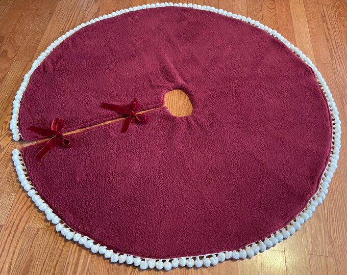 READY TO SHIP- Ruby Red Sherpa Faux Fur & Pom Pom Tree Skirt- Lined With Linen- Plush/Cozy- Holiday Decor