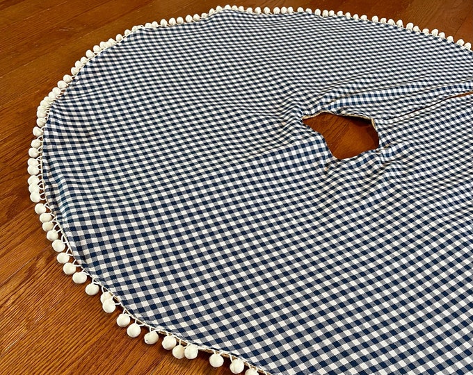 42" Gingham & Natural Burlap Pom Pom Tree Skirt- Red/White-Blue/White Cotton -Christmas-Woodland-Cabin/Farmhouse Decor-Plaid