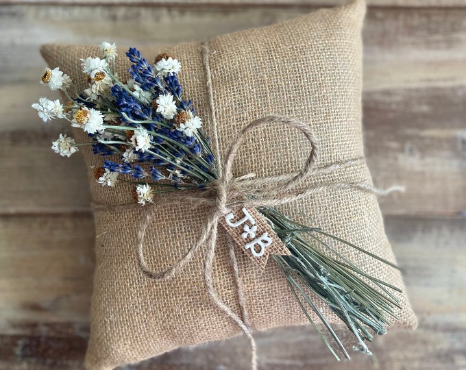 Burlap Ring Bearer Pillow with Dried Lavender & Ammobium- Mini Daisies-Natural or Ivory Burlap- Personalize- Dried Mini Bouquet- Keepsake