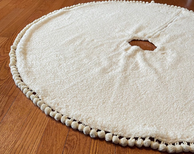 Sherpa Faux Fur & Pom Pom Tree Skirt- Lined With Textured Linen- Ivory, Tan or Camel- Luxury Plush Holiday Decor- Cozy Modern Minimalist