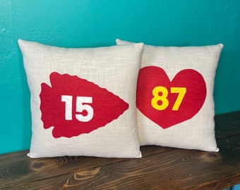 13" x 13" Linen Chiefs Theme Throw Pillow- Four Designs- Mahomes and Kelce- Heart and Arrowhead- Red/Yellow- Football Gift- Decor