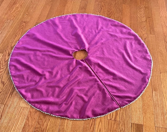 Velvet Christmas Tree Skirt with Miniature Pom Pom Trim Detail-Small-Medium-Large-Choose Your Color-Red-Teal-Desert Orange-Gray-Purple-Pink