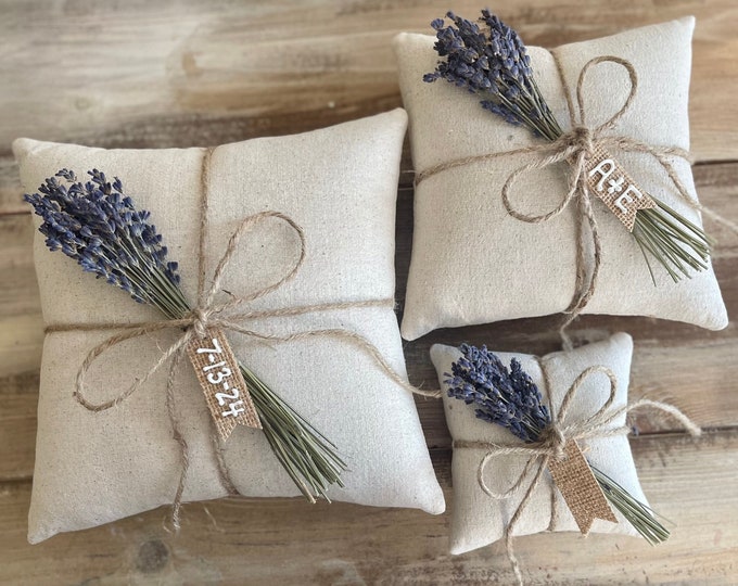 Natural Cotton Ring Bearer Pillow with Dried Lavender Bunch- Jute Twine and Personalized Burlap Tag- Three Sizes Available- Natural Florals