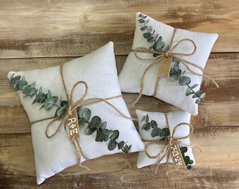 Organic White Linen Ring Bearer Pillow with Preserved Baby Eucalyptus- Personalize- Minimalist/Classic- Wedding Greenery-Wedding Decor