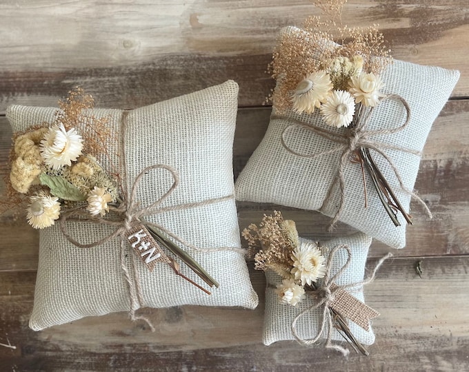 Burlap Ring Bearer Pillow with Dried Floral Bundle-Natural or Ivory-Strawflower/Cockscomb/Mini Gyp- Jute Twine and Personalized Burlap Tag