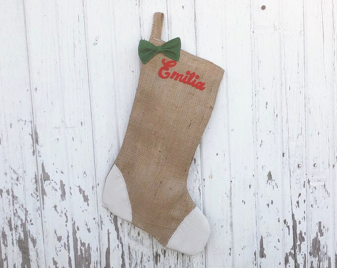 Natural Burlap Christmas Stocking with Bow & Patch Detail-Personalize- Cursive Name-Many Colors Available-Baby Girl-Baby Boy-Kids