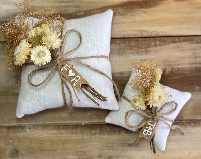 Organic White Linen Ring Bearer Pillow with Dried Floral Bundle-Strawflower/Cockscomb/Mini Gyp- Jute Twine and Personalized Burlap Tag