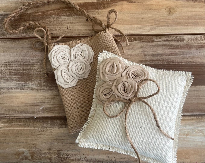 Boho Ring Bearer Pillow & Flower Girl Bag Wedding Ceremony Set- Natural and Off White Burlap- Featuring Nude and Natural Colored Rosettes