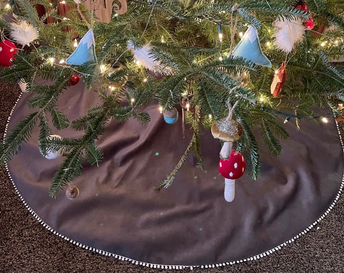 READY TO SHIP- Slate Velvet Christmas Tree Skirt with Miniature Pom Pom Trim Detail