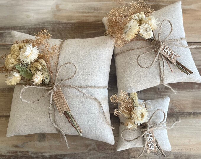 Natural Cotton Ring Bearer Pillow with Dried Floral Bundle-Strawflower/Cockscomb/Mini Gyp- Jute Twine and Personalized Burlap Tag- Bouquet