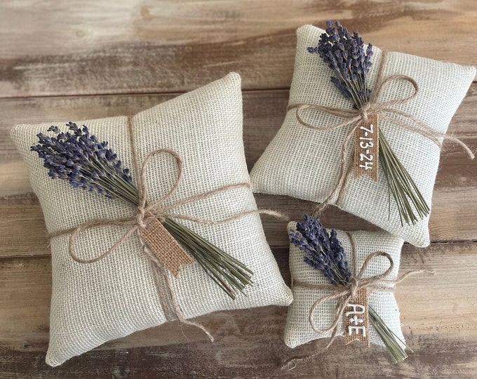 Burlap Ring Bearer Pillow With Dried Lavender Sprigs- Natural or Off White Burlap- Wedding Decor- Wedding Ceremony- Dried Florals- Rustic