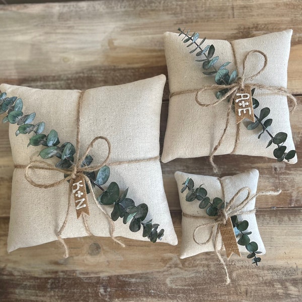 Natural Cotton Ring Bearer Pillow with Preserved Baby Eucalyptus- Jute Twine and Personalized Burlap Tag- Three Sizes Available- Minimalist