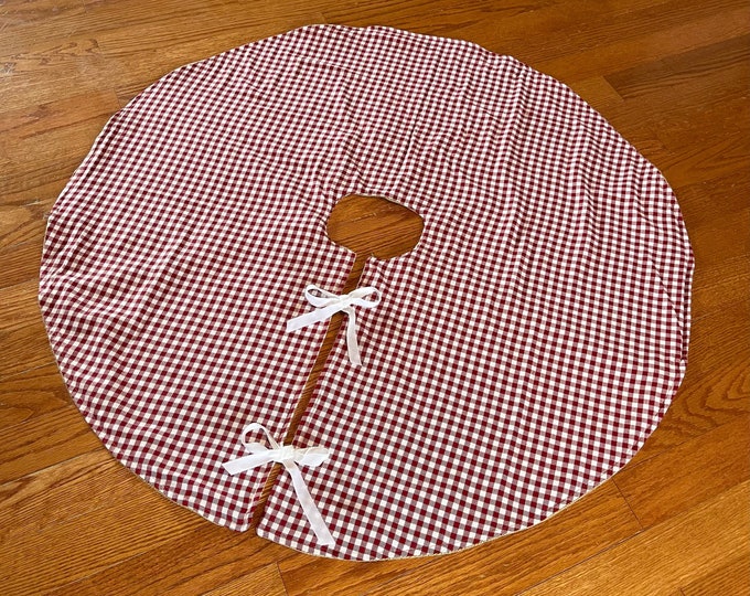 40" Gingham & Natural Burlap Tree Skirt- Red/White-Blue/White Cotton -Christmas-Woodland-Cabin/Farmhouse Decor-Plaid