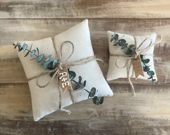 Natural Cotton Ring Bearer Pillow with Preserved Baby Eucalyptus- Jute Twine and Personalized Burlap Tag- Three Sizes Available- Minimalist