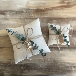 Natural Cotton Ring Bearer Pillow with Preserved Baby Eucalyptus- Jute Twine and Personalized Burlap Tag- Three Sizes Available- Minimalist