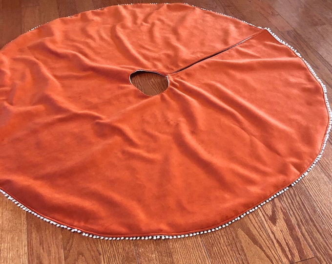 Velvet Christmas Tree Skirt with Miniature Pom Pom Trim Detail-Small-Medium-Large-Choose Your Color-Teal/Purple/Red/Gray/Orange-Boho-Modern