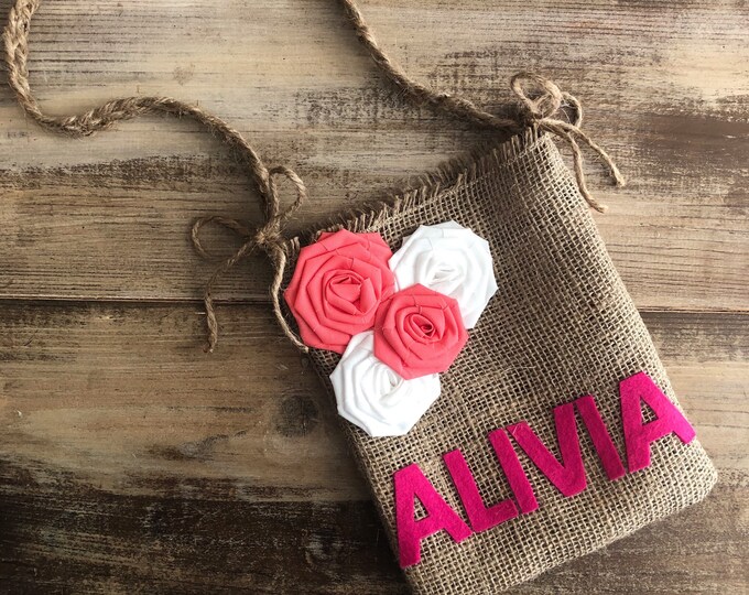Burlap Flower Girl Bag With Rosettes & Name-Personalize-Custom Colors Available-Weddings-Rustic-Barn-Beach-Wedding Ceremony