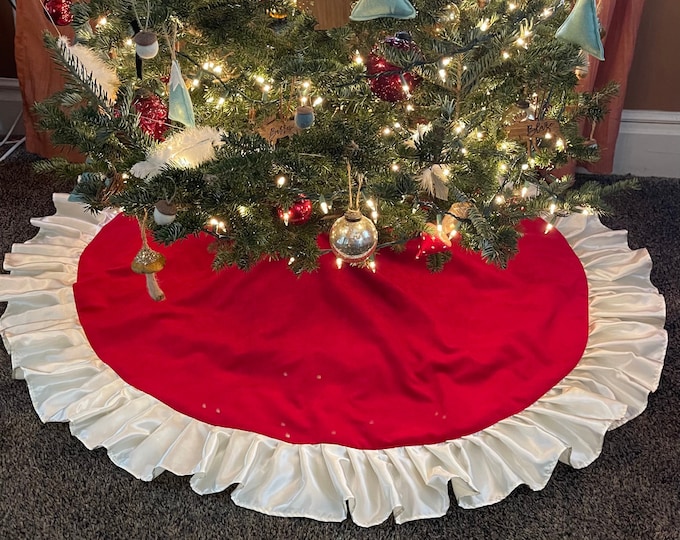 60” Red Velvet Christmas Tree Skirt w/ Satin Ruffle-Choose Your Color Combo--Ivory/White- Modern Christmas-Classic Christmas Decor