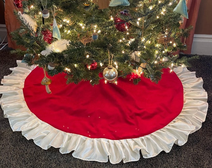 60” Red Velvet Christmas Tree Skirt w/ Satin Ruffle-Choose Your Color Combo--Ivory/White- Modern Christmas-Classic Christmas Decor