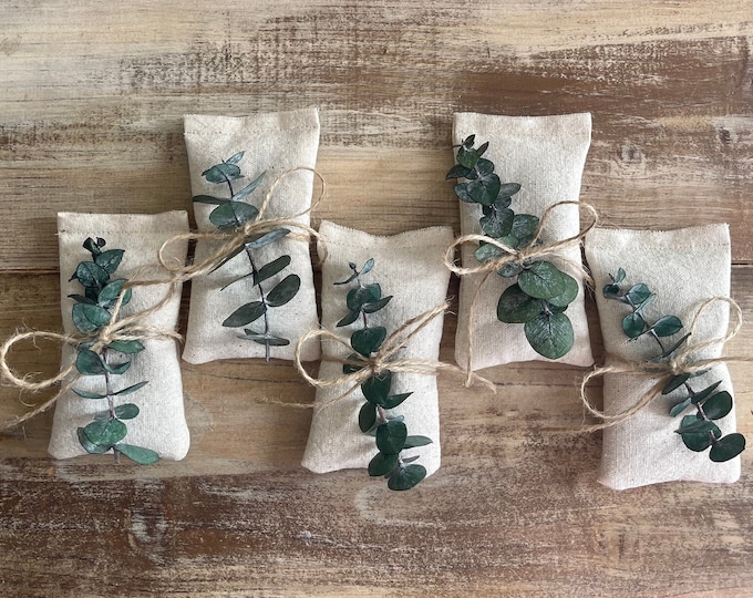Natural Cotton Lavender Sachets With Preserved Eucalyptus & Jute Twine- Filled With Dried Lavender-Natural Party Favor-Wedding/Bridal/Shower