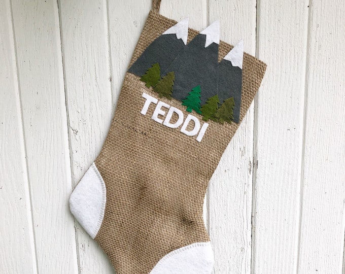 Mountain Themed Natural Burlap Christmas Stocking-Personalize/Custom-Woodland Christmas-Cabin/Lodge Decor-Rustic-Mountain Lovers