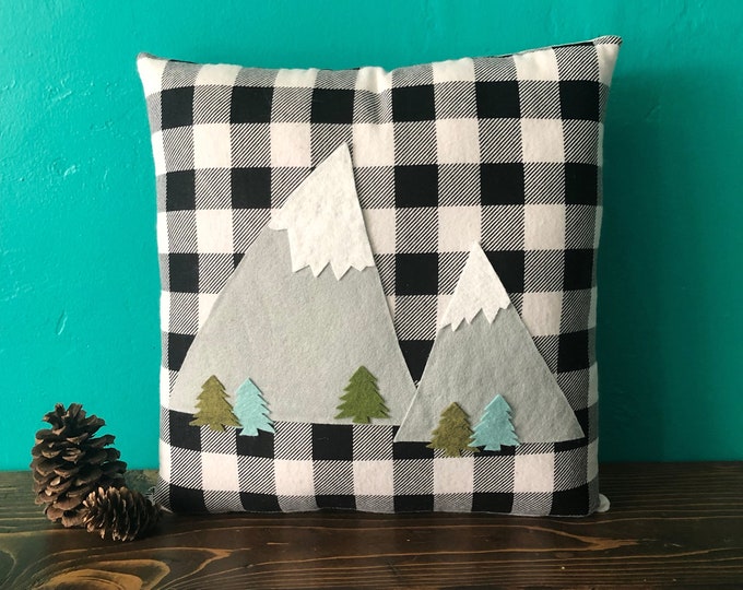 13" x 13" Buffalo Check & Natural Cotton Mountain Pillow-Black/White Buffalo Plaid-Mountain Lovers-Woodland-Rustic-Cabin-Nursery-Woodsy