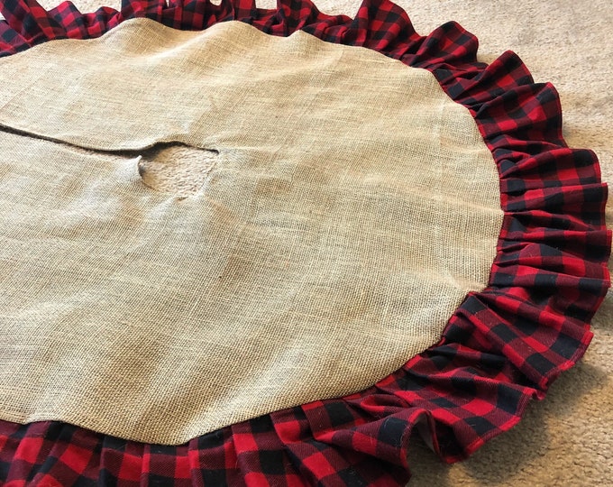 Natural Burlap Christmas Tree Skirt w/ Buffalo Plaid Ruffle- Red/Black Buffalo Check- Rustic/Cabin/Lodge Decor-Rustic Chic